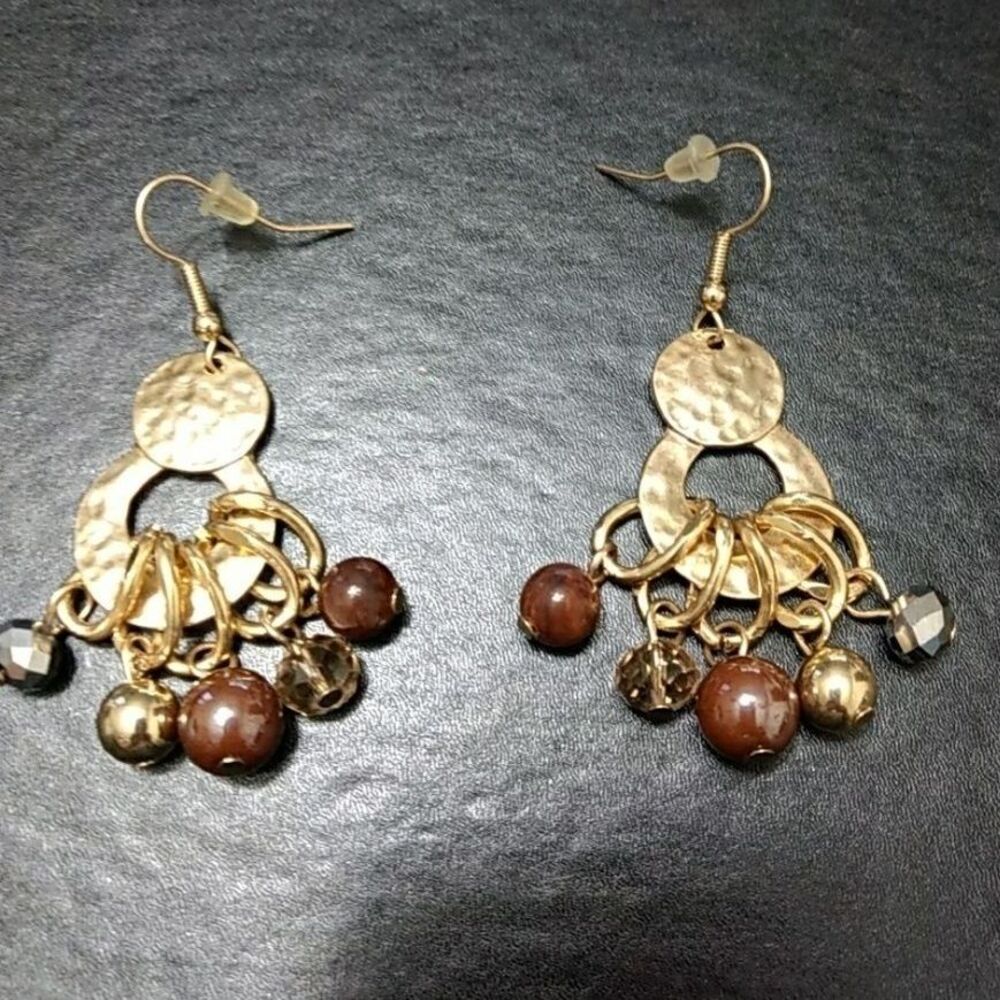 Brown Silver and Gold Tone hoop and bead earrings dangling